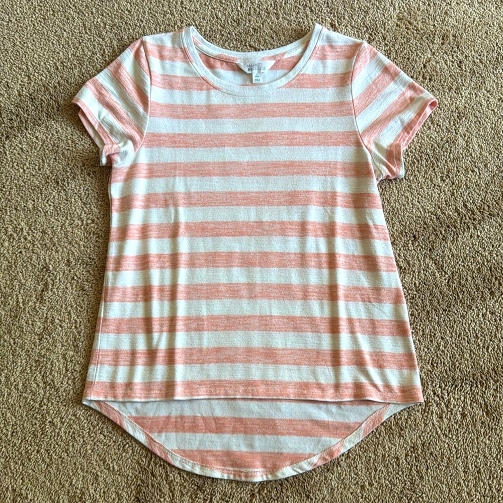 Market & Spruce White & Orange Striped Rounded Hem Short Sleeve Shirt
